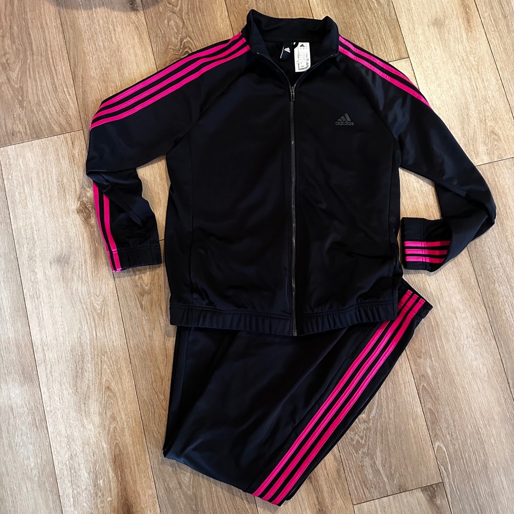 Adidas Womens Track Suit Set L/XL Black Pink 3-Stripe Full Zip Jacket Pants